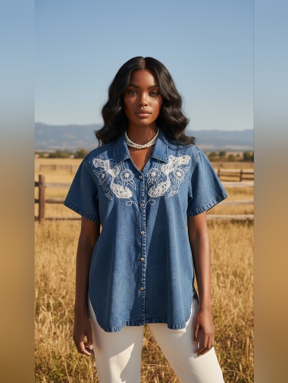 Coqueta Denim Short Sleeve Shirt White Floral Embroidery 100% Cotton Size 1X